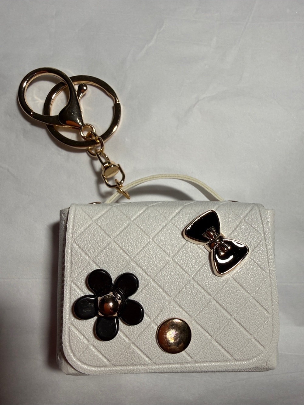 White Quilted Mini Purse Keychain or AirPod holder with Gold Tone Accents